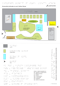Obrázok zobrazuje hmatovú mapu komunitnej záhrady. Obsahuje aj Brailovo písmo, ktorým sú označené jednotlivé prvky záhrady, zóny a mobiliár pre lepšiu orientáciu nevidiacich v priestore.